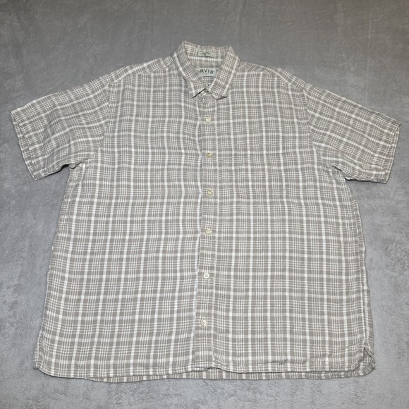 Orvis Mens XL 100% Linen Brown Plaid Shirt Button Down Short Sleeve Front Pocket - Picture 1 of 8